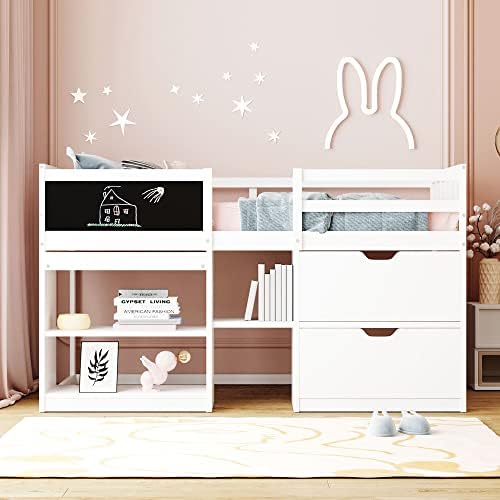 Bellemave Twin Size Low loft Bed for Kids,Wood Loft Beds,Modern Farmhouse Twin loft Bed,Loft Bed with Rolling Desk and Storage, Shelf and Drawers No Box Spring Needed,for Kids, White