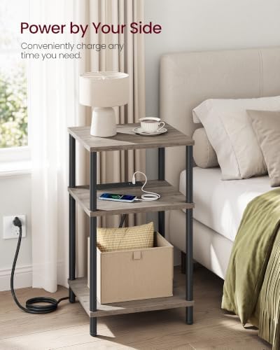 VASAGLE Side Table with Charging Station, 3-Tier Small Tall End Table