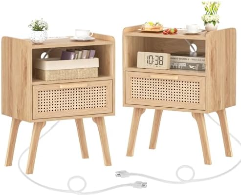 Lerliuo Rattan Nightstands Set of 2 with Charging Station, Boho Night Stand