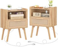 Lerliuo Rattan Nightstands Set of 2 with Charging Station, Boho Night Stand