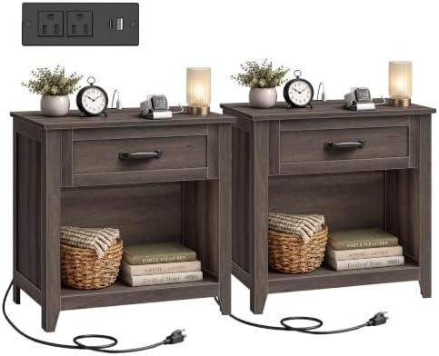 VASAGLE 23.6 inch Farmhouse Nightstands Set 2, Charging Station, 1 Drawer