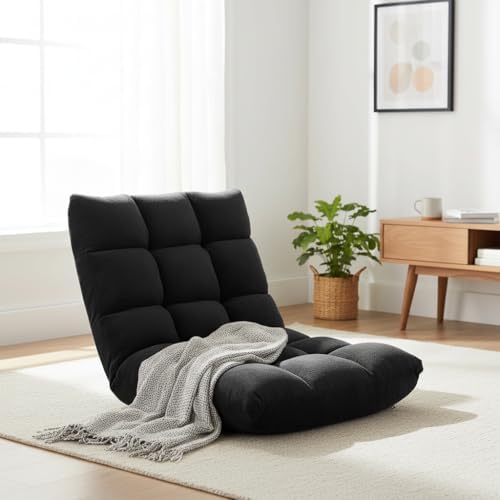 S AFSTAR Cushioned Floor Chair, 14-Position Adjustable Padded Lazy Recliner with Comfortable Back Support and Skin-Friendly Cover, Great for Reading, Playing Game, Meditating (Mysterious Black)