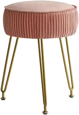 IBUYKE Velvet Vanity Stool Ottoman, Round Footrest Chair, Pink LG-30P