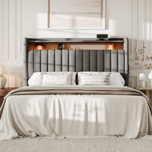 S.E.C.D Upholstered Queen Size Headboard Only, 2-Tier Storage, Dark Gray