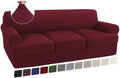 Turquoize 4 Piece T Cushion Sofa Slipcovers Stretch Couch Cover Furniture Covers with 3 Individual T Cushion Covers, Machine Washable (3 Cushion Sofa, Burgundy)