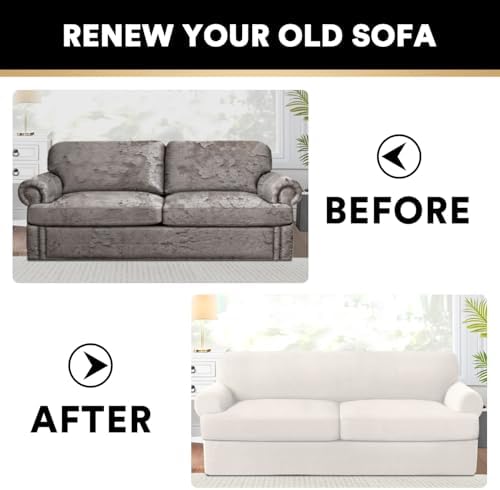 PrinceDeco T Cushion Sofa Slipcover 3 Pieces Sofa Covers for T Cushion Couch Soft Couch Covers Sofa Slip Cover Furniture Covers with 2 Individual T Shape Seat Covers Width Up to 88", Porcelain