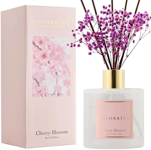 COCORRÍNA Reed Diffuser - Cherry Blossom 17 Fl.oz Reed Diffuser with 8 Sticks Scented Diffuser with Preserved Flowers for Bathroom Home Decor