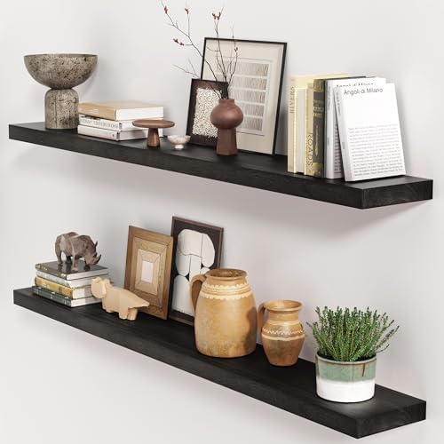 fuqing 48 Inch Floating Shelves, 6.7 Inch Deep Black Wall Shelves Set of 2
