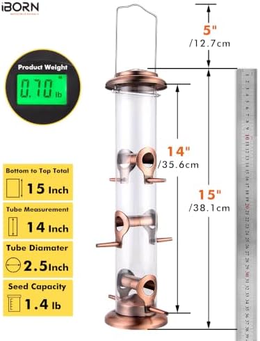iBorn Bird Feeders for Outdoors 14" 6 Ports Chew-Resistant, Copper, 1PK