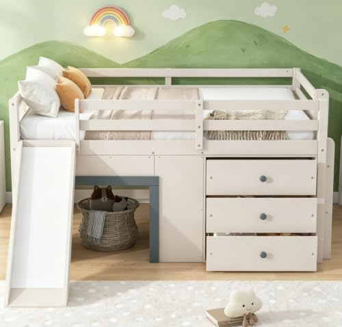Bellemave Full Low loft Bed for Kids,Wood Modern Farmhouse Full Loft Bed with Slide and Drawer Storage, Beige+Grey