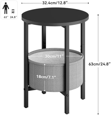 Vagusicc Small Round Side Table, Accent End Table with Fabric Basket, Drink Table Coffee Table for Small Spaces, Sofa Corner Table,Bedside Table,Modern Nightstand for Living Room, Bedroom, Black