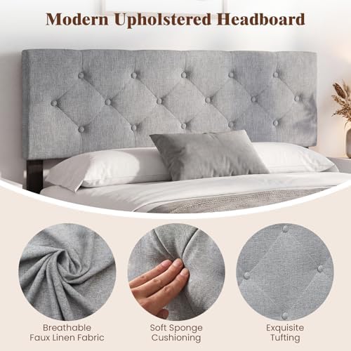 KOMFOTT Linen Upholstered Headboard for Full & Queen Size Bed Frame, Tufted Button Bed Headboard with Solid Rubber Wood Legs, Rectangular Headboard with Adjustable Width (Rhombic Button Tufted,Grey)