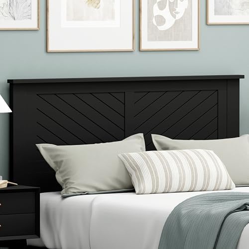 ComfIQ Serene Wood Panel Headboard with Chevron Scoring, Full, Black