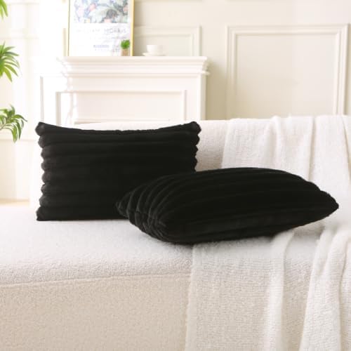 Decorative Throw Pillow with Inserts, Set of 2 Soft Faux Fur Throw Pillows, Boho Striped Pillow for Couch, Bed, Sofa Decor (Black 12" x 20"(Pack of 2))