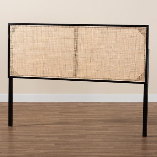 Bali & pari Aurelia Modern Bohemian Black Finished Bayur Wood and Natural Rattan Queen Size Headboard