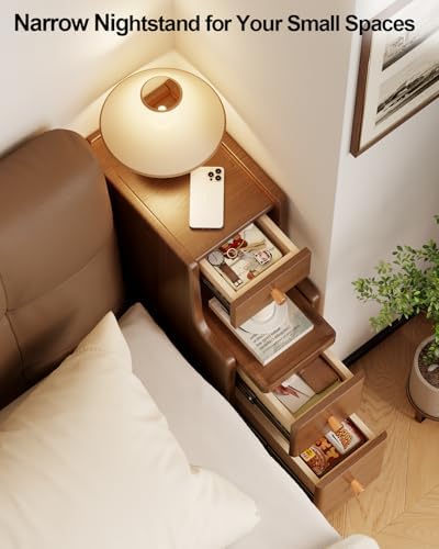 Solid Wood Narrow Nightstand with 3 Drawers,Modern Walnut,Fully Assembled