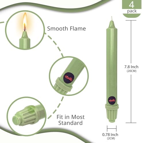 NJAO HOO Light Green Candlesticks 8 Inch Unscented Taper Candle Dripless Handmade Colored Candles for Home Decor Dinner Table Kitchen and Bedroom, 4 Pack