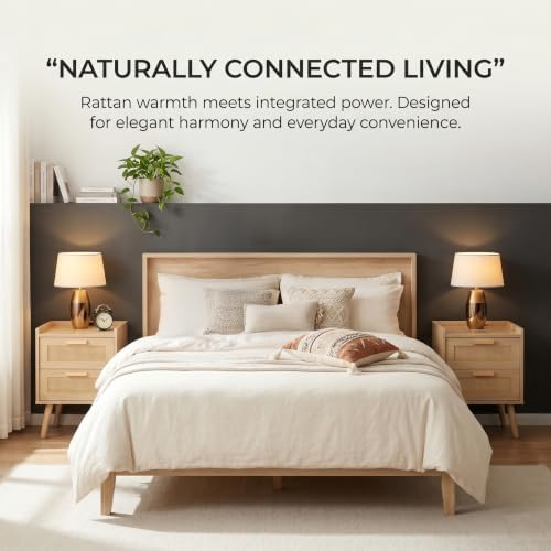 Finnhomy Nightstand with Charging Station, Bedside Table with 2 Hand Made Rattan Decorated Drawers, Night Stand with Storage for Bedroom, Natural, Set of 2
