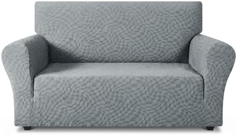 ZNSAYOTX 1 Piece Stretch Loveseat Covers for 2 Cushion Couch (55"-71"), New Plaid Couch Cover with Non-Slip Buckle for Dog Pets, Soft Cozy Washable Sofa Slipcover Form Fit Protector, Light Grey