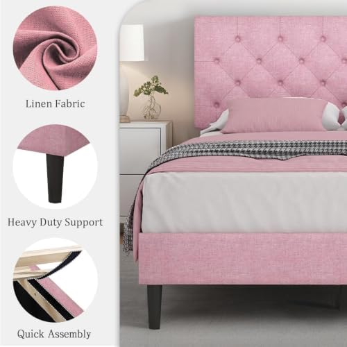 HOMBCK Queen Bed Frame with Adjustable Headboard, Pink