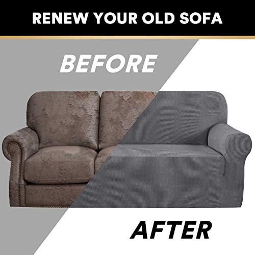 PrinceDeco Stretch Sofa Cover Slipcover Couch Covers for 3 Cushion Couch Furniture Protector Sofa Covers with Non Slip Elastic Bottom Dogs Pet Friendly Fitted (Sofa, Grey)