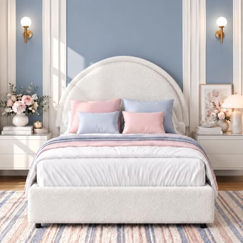 REVOMINCA Twin Size Bed Frame, Boucle Upholstered Platform Bed with Headboard, Cloud Bed Frame with Soft Rounded Corners, No Box Spring Required, Easy Assembly, White