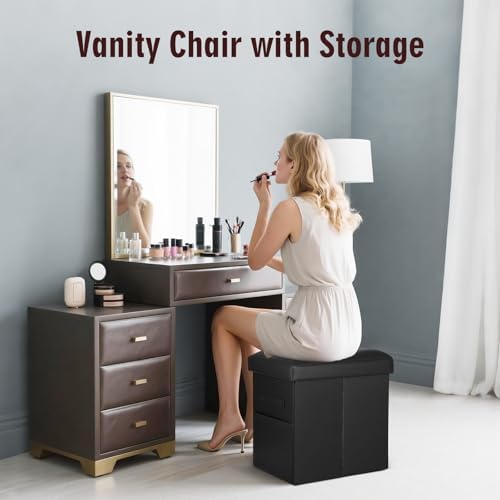 Storage Ottoman, Upgraded 17" High Folding Foot Stools Ottoman Dorm, Black