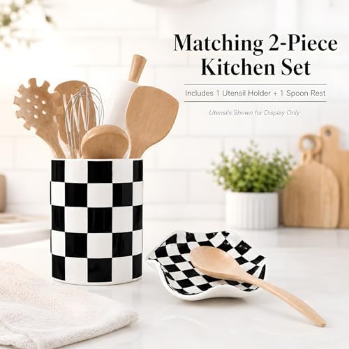 Checkered Utensil Holder and Spoon Rest Set, Black and White Ceramic Utensil Holder for Countertop, Spoon Rest for Stove Top, Farmhouse Kitchen Decor, Dishwasher Safe, Utensils Not Included