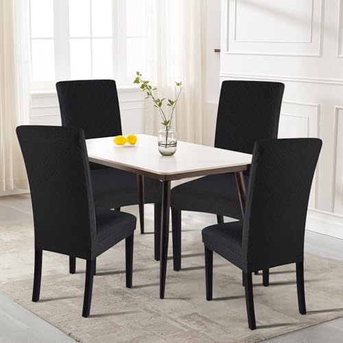 SearchI Dining Room Chair Covers Set of 6, Stretch Jacquard Parsons Chair Slipcovers Removable Washable Kitchen Chair Protector Cover for Dining Room, Hotel, Ceremony (Black Rhombus)