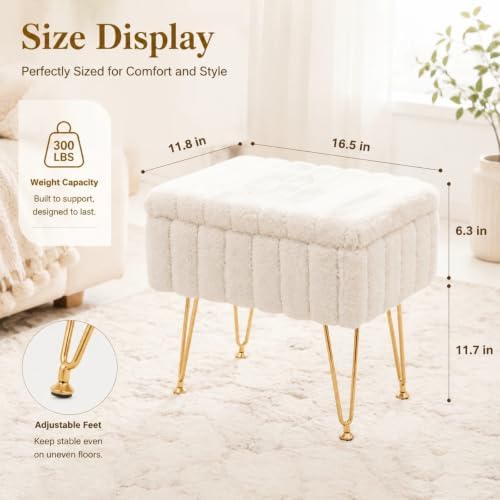 16.5" Faux Mink Fur Storage Ottoman Soft Footstool Vanity Chair Metal Legs