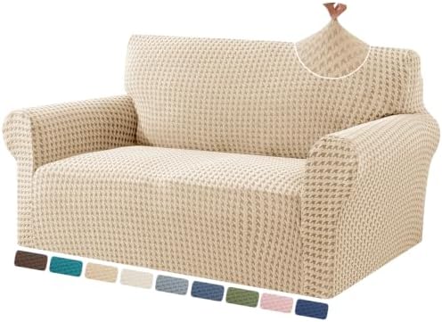 ZNSAYOTX 1 Piece Stretch Loveseat Cover (55"-71") New-Houndstooth Texture, Thick Sofa Covers for 2 Cushion Couch Universal Sofa Slip Cover with Elastic Bottom & Buckle, Soft Protector Khaki