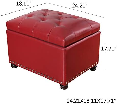 Adeco High End Red Classy Bonded PU-Leather Tufted Accents Rectangular Storage Bench Ottoman Footstool,