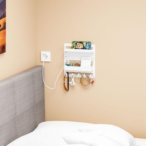 Yieach Bedside Wall Organizer for Dorm Bed,Rv,Small Room and Nightstand,Wall Mounted Floating Shelves and Bedside Shelf for Remote,Phone Holder,Charging Shelf,Cute Bedroom Decor for College Girl,White