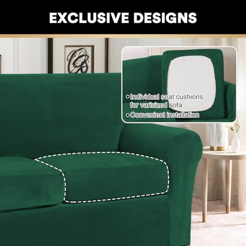 PrinceDeco 3 Pieces Sofa Covers Velvet Couch Covers for 2 Cushion Sofa Soft Sofa Covers for 2 Cushion Couch Width Up to 90 Inch Feature Thick Soft Stay in Plac(Medium-Large, Green)