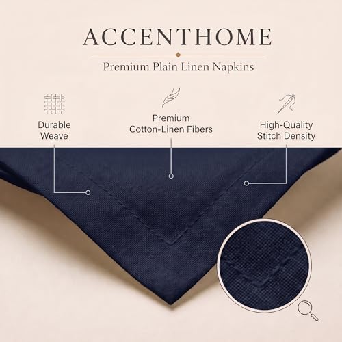 ACCENTHOME Navy Cotton Linen Napkin Set of 6 18x18 inch Dinner Napkins