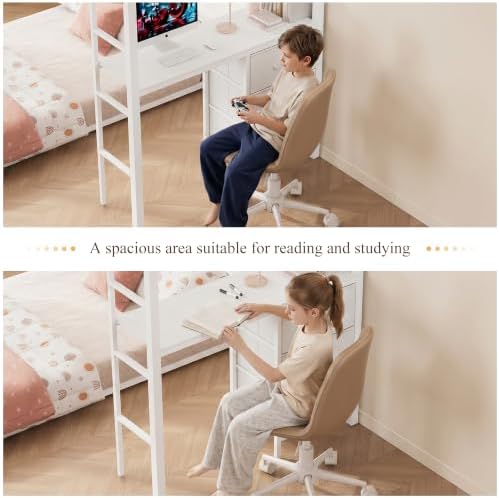 Bunk Bed Twin Over Twin with Desk, L-Shaped Loft Beds with Charging Station, 3 Storage Drawers & Shelves, Bunk Beds with Safety Guardrail & Ladder for Kids/Teens, No Box Spring Needed, White