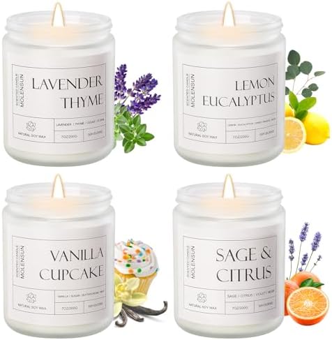 Molensun 4 Pack Candles for Home Scented, 28 oz Long Lasting Candles, Soy Candle Set Gift for Women - Scents of Lemon Eucalyptus/Vanilla Cupcake/Sage &Citrus/Lavender Thyme