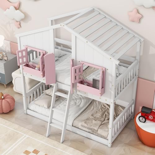 Twin Over Twin House Bunk Bed with Roof and Window, Pink White
