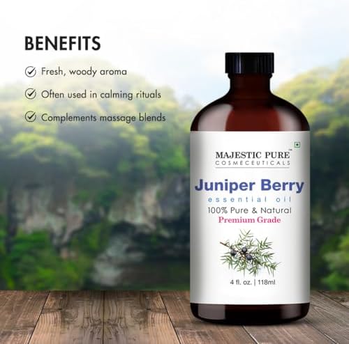 Majestic Pure Essential Oil with Glass Dropper - 100% Pure and Natural - Essential Oils for Diffuser, Aromatherapy, Soap and Candle Making, Juniper Essential Oil, Juniper Oil, 4 Fl Oz