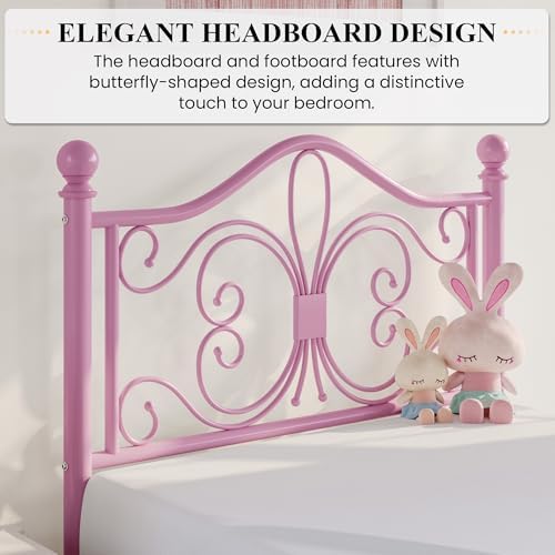 SHA CERLIN Twin Size Metal Bed Frame with Butterfly Headboard, Pink