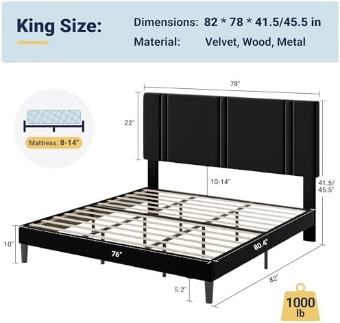 Allewie King Size Platform Bed Frame with Velvet Upholstered Headboard