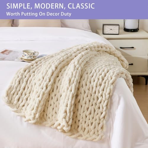Bigacogo Chunky Knit Throw Blanket for Couch, 40x40 inches, Beige