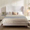 California King 54" Harper Tall Headboard Wingback Upholstered Bed Frame Premium Textured Canvas Elegant Simplicity for Bedroom Strong Wood Slats Support No Box Spring Needed No Noise Ivory