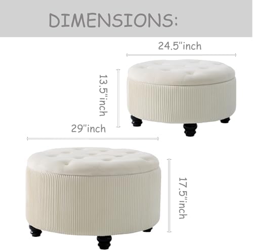 29'' & 24.5'' Round Storage Ottoman Coffee Table Set of 2, Off White