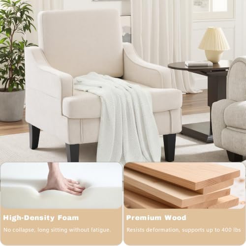 Mid-Century Accent Chairs Set of 2 for Living Room, Comfy Arm Chair Fabric Reading Chair for Bedroom, Upholstered Single Chair with Wood Legs for Apartment, Waiting Room, Vanity Room(Beige)
