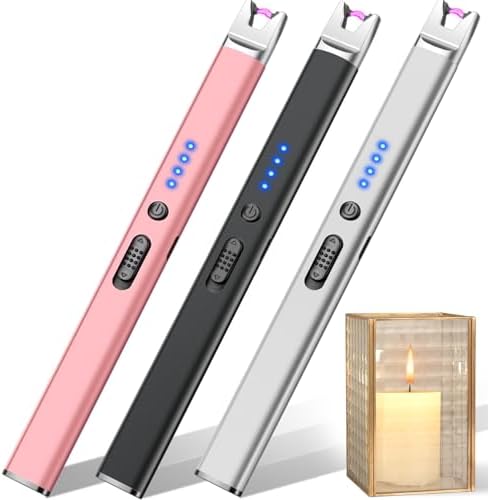 LcFun 3 Pack Candle Lighter Electric USB Rechargeable Plasma Arc Lighters with Safety Lock, Windproof Flameless Long Matches Lighters for Candle, Grill, BBQ, Camping, Gas Stoves (Pink,Black,Silver)