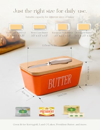 Ceramic Butter Dish with Lid and Knife Silicone Seal for Countertop Orange