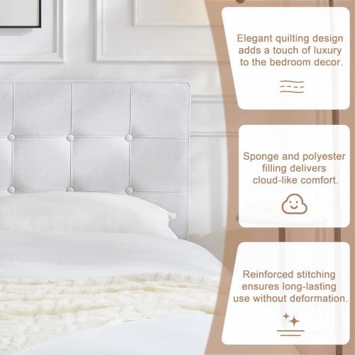 Linen Tufted Headboard Queen Size, Solid Wood Queen Headboard Only, White
