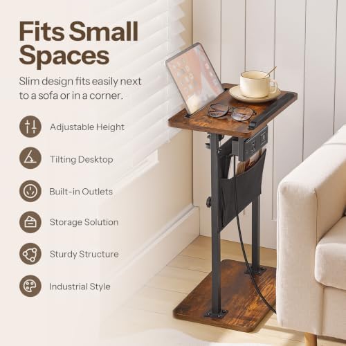 HOOBRO Side Table, Narrow End Table with Charging Station, Height Adjustable Side Table, Tiltable Surface, Storage Bag, Nightstand for Small Spaces, Living Room, Rustic Brown and Black BF435UBZ01