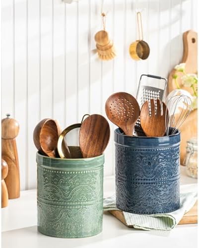 Kitchen Utensil Holder, 7 Inches Large Ceramic Utensil Holder for Countertop, Lace Emboss Cooking Utensil Crocks for Kitchen, Home Decor, Forest Green